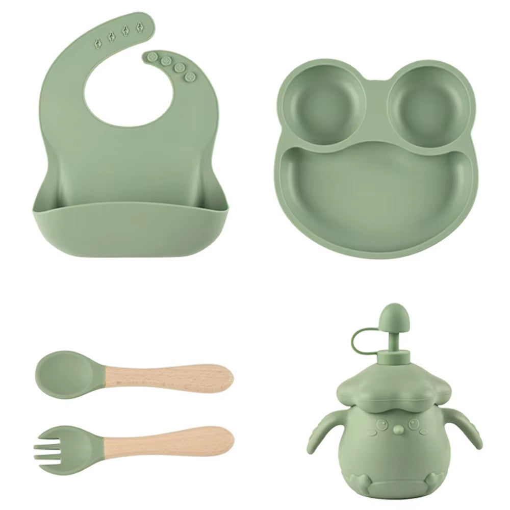 4PCS Silicone Children Tableware Baby Feeding Set Silicone Dinner Plate Wood Handle Spoon Fork Silicone Bibs BPA Free