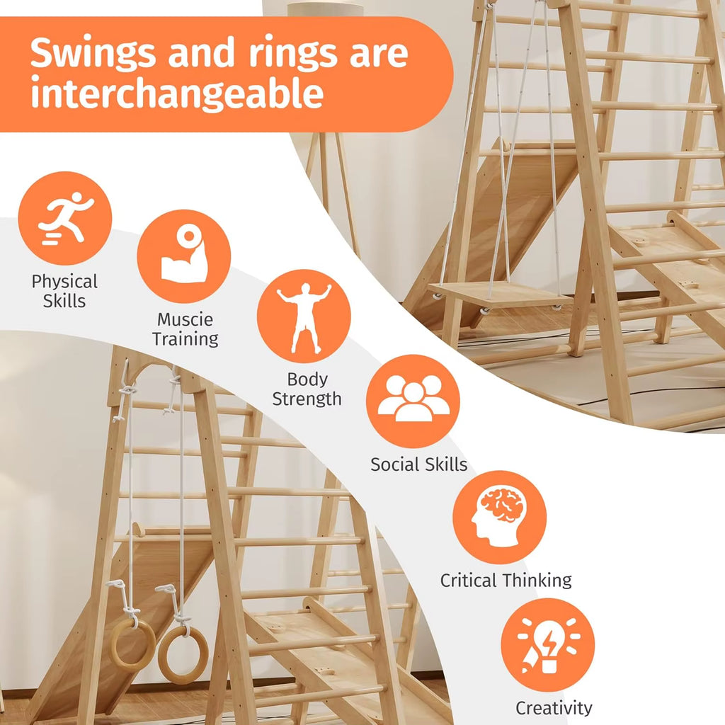 Indoor Jungle Gym, Montessori Climbing Toys, Toddler Indoor Playground Set 8-In-1 with Swing, Armband, Rock Climb Wall, Slide, M