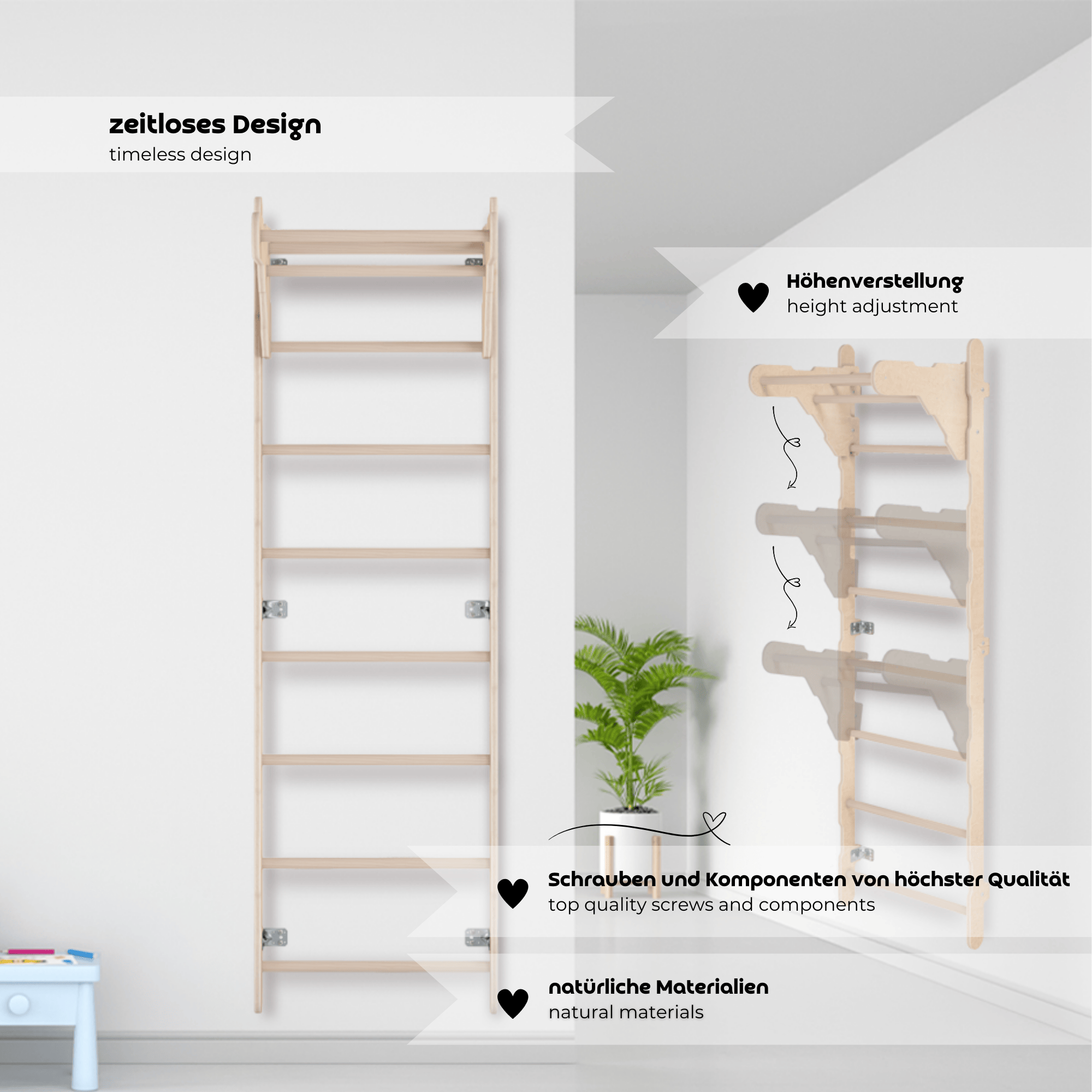 MAMOI® Indoor Gymnastic Ladder, Wall Bars for Kids’ Room, Gymnastic Rings for Climbing, Climbing Wall and Play Equipment, Gym Equipment with Pull-Up Bar for Home Use, Wall Bars for Adults