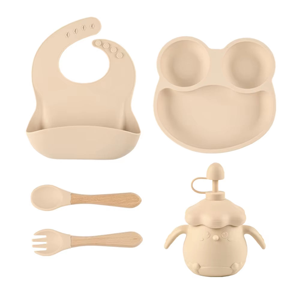 4PCS Silicone Children Tableware Baby Feeding Set Silicone Dinner Plate Wood Handle Spoon Fork Silicone Bibs BPA Free