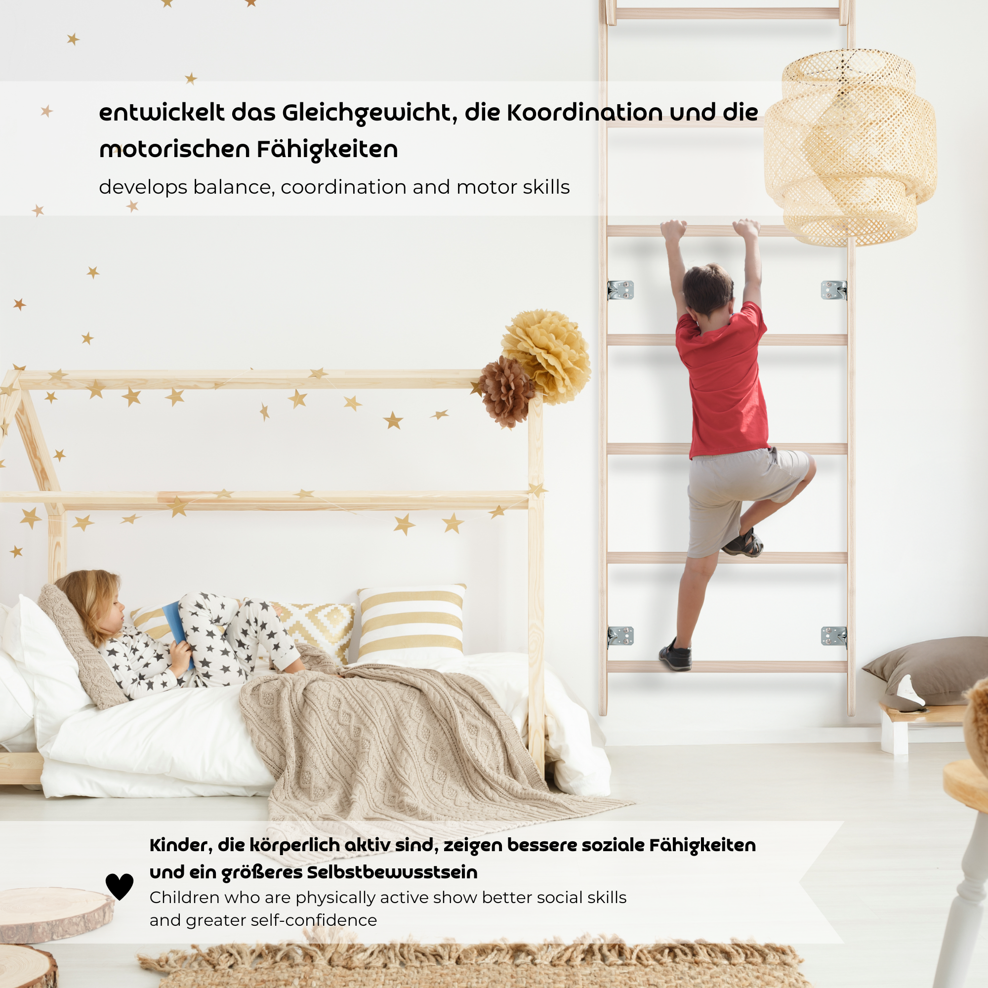 MAMOI® Indoor Gymnastic Ladder, Wall Bars for Kids’ Room, Gymnastic Rings for Climbing, Climbing Wall and Play Equipment, Gym Equipment with Pull-Up Bar for Home Use, Wall Bars for Adults