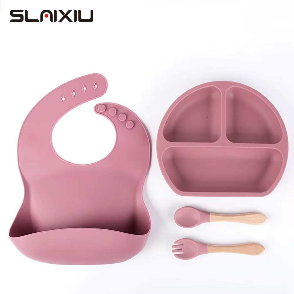 4PCS Silicone Children Tableware Baby Feeding Set Silicone Dinner Plate Wood Handle Spoon Fork Silicone Bibs BPA Free