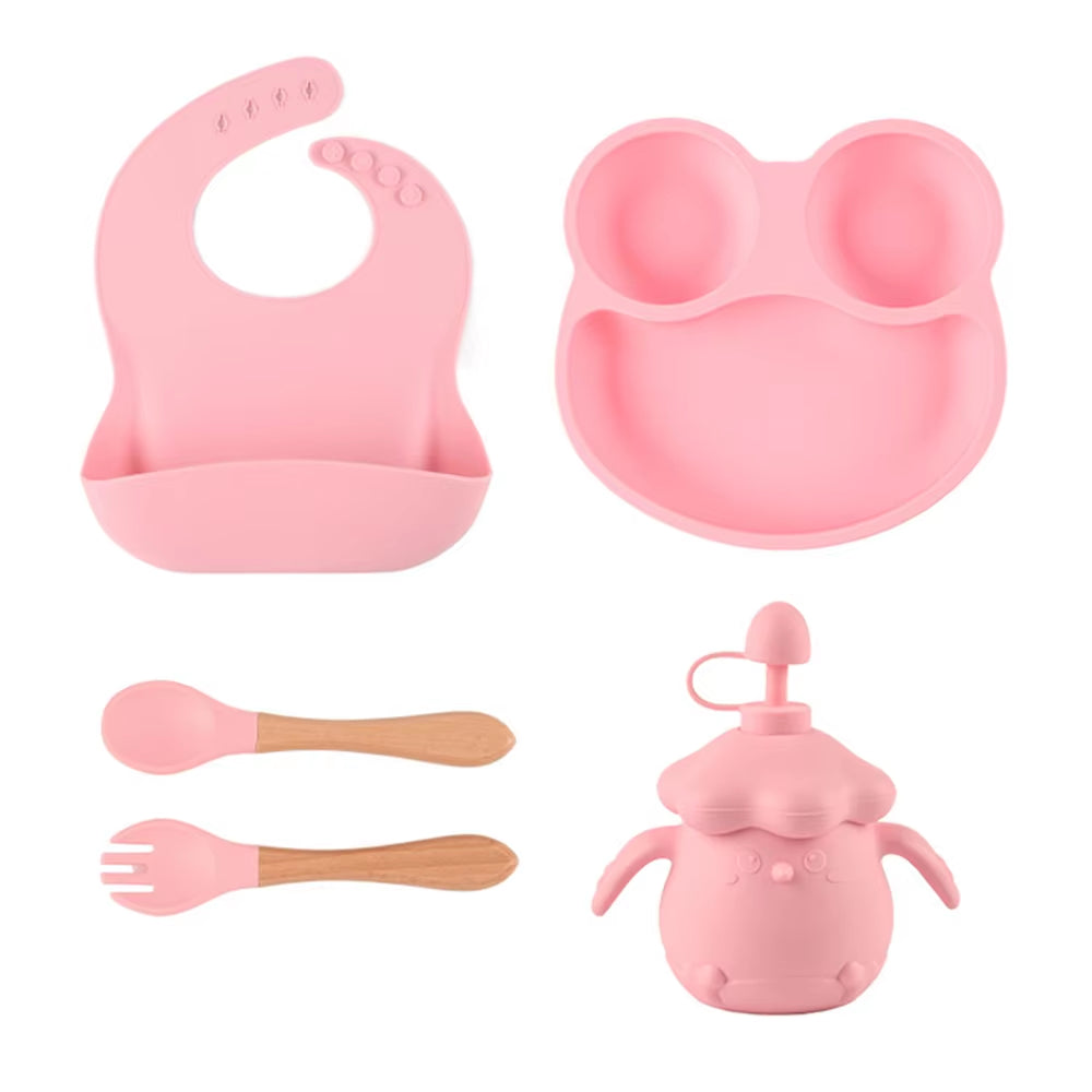 4PCS Silicone Children Tableware Baby Feeding Set Silicone Dinner Plate Wood Handle Spoon Fork Silicone Bibs BPA Free