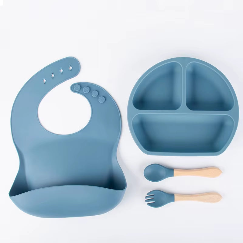 4PCS Silicone Children Tableware Baby Feeding Set Silicone Dinner Plate Wood Handle Spoon Fork Silicone Bibs BPA Free