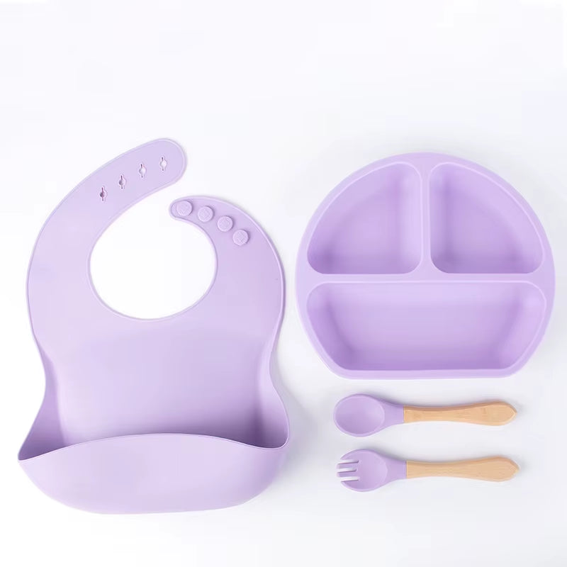 4PCS Silicone Children Tableware Baby Feeding Set Silicone Dinner Plate Wood Handle Spoon Fork Silicone Bibs BPA Free